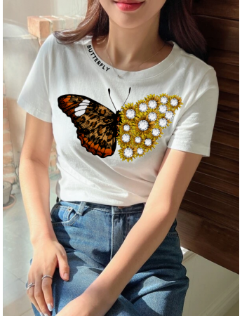 Taş İşlemeli Butterfly Baskılı Kadın Tişört