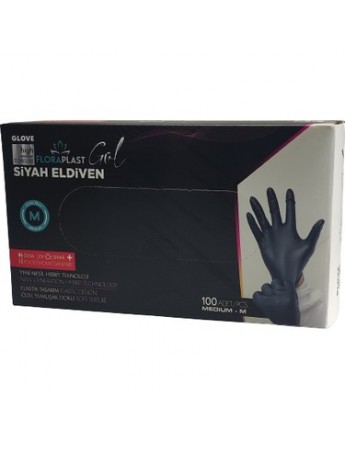 Floraplast Pudrasız Elastik Kutulu  (M) 100 Adet Siyah Eldiven