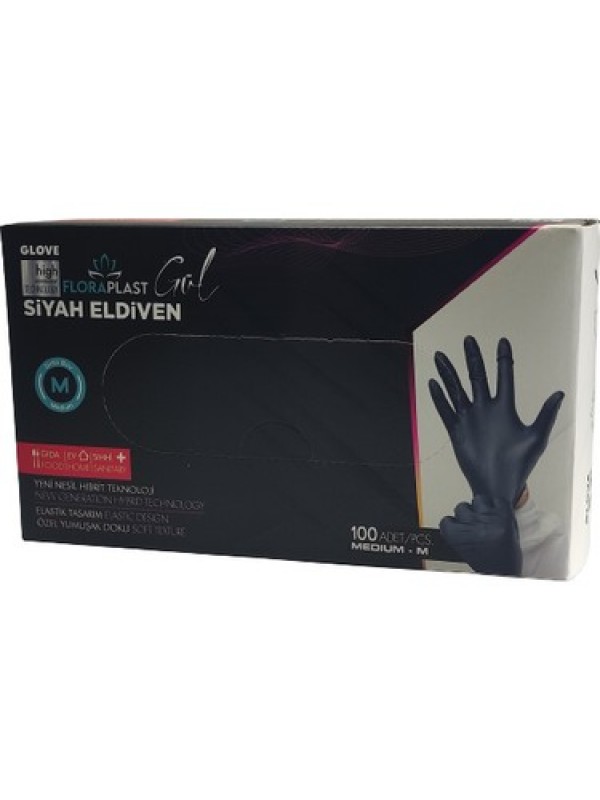 Floraplast Pudrasız Elastik Kutulu  (M) 100 Adet Siyah Eldiven…