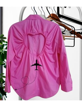 Sırt Dekolte Kalp Detaylı Baskılı Oversize Pembe Kadın Gömlek