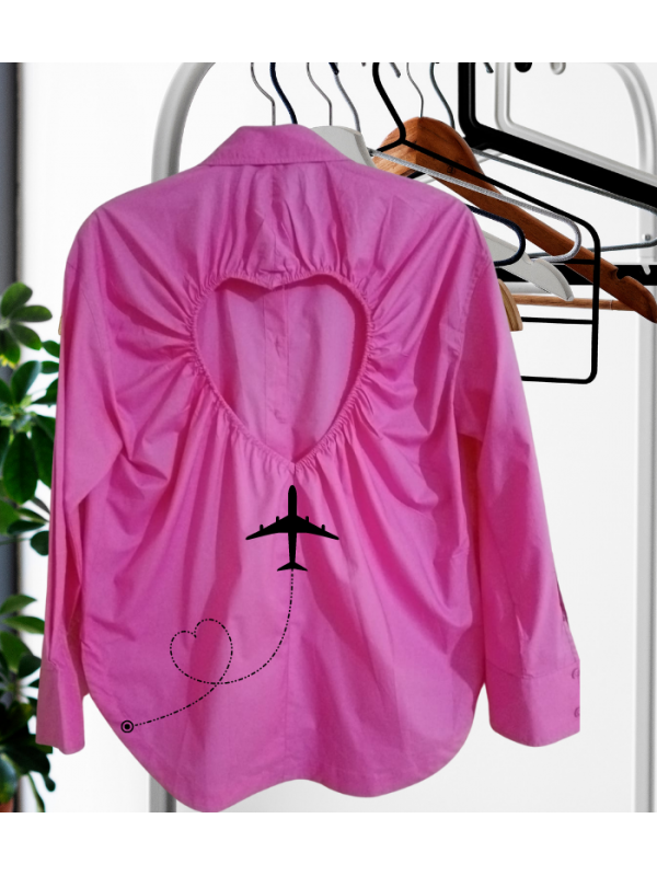 Sırt Dekolte Kalp Detaylı Baskılı Oversize Pembe Kadın Gömlek…