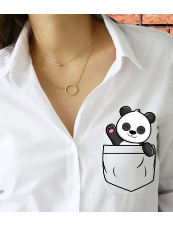 Beyaz Cep Panda Baskılı Basic Kadın Gömlek