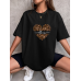 Leopar ve Love Baskılı Kadın T-shirt Siyah