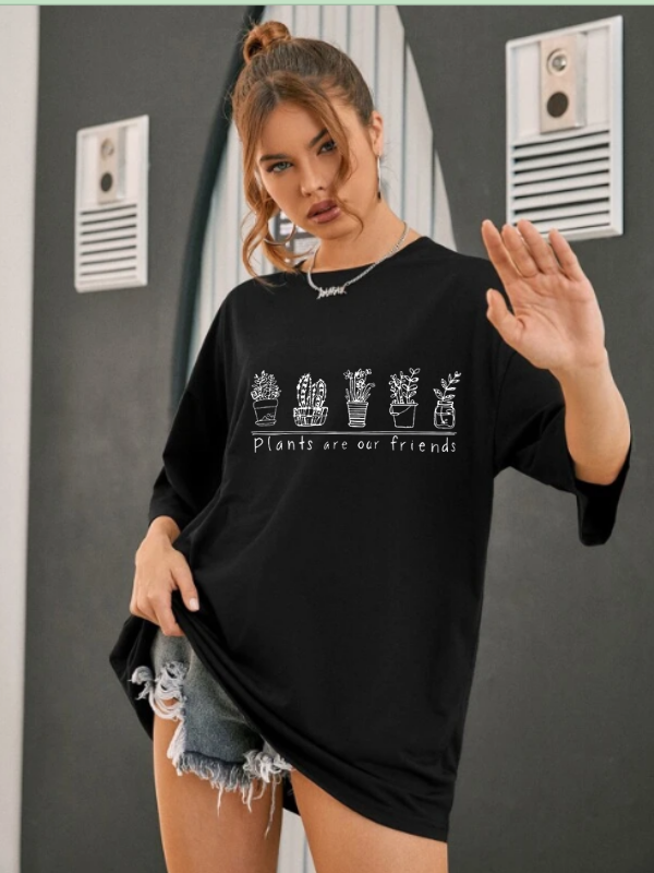 Plants Baskılı Kadın T-shirt Siyah…