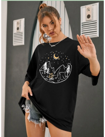 Dağ ve Ay Baskılı Kadın T-shirt Siyah