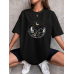 Dağ ve Ay Baskılı Kadın T-shirt Siyah