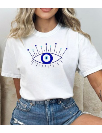 Göz Nazar Boncuğu Baskılı Kadın Beyaz Tshirt Tişört
