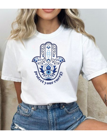 Enerjini Koru'' Nazar Boncuğu Hz. Fatma El'i Temalı Baskılı Kadın Beyaz Tshirt Tişört