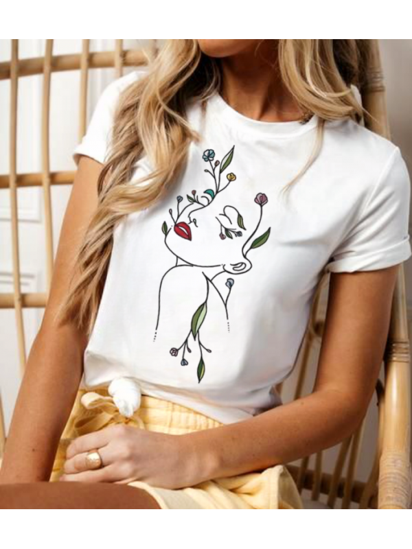 İllüstrasyon Çiçekli Women Silüet Baskılı Kadın Beyaz Tshirt Tiş…