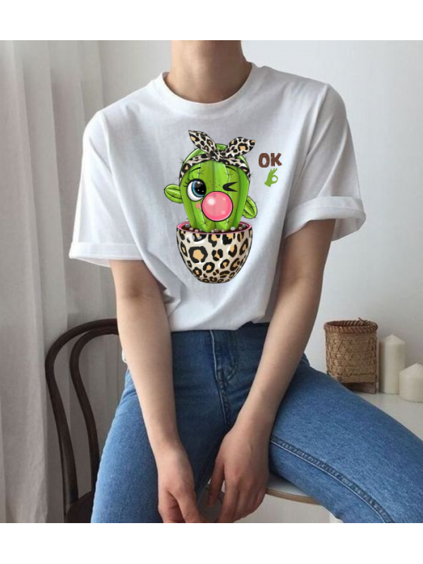 Sevimli Kaktüs Baskılı Bisiklet Yaka Kadın Beyaz Oversize Tshirt T…
