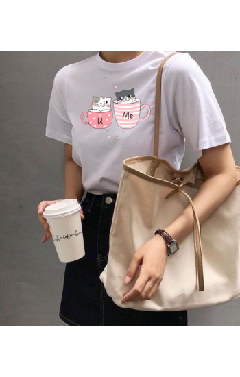 Sevimli Kediler Baskılı Bisiklet Yaka Kadın Beyaz Oversize Tshirt Tiş…