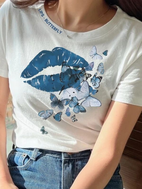 Lips Butterfly Kadın Tişört Beyaz…