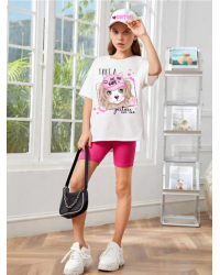 Sevimli Köpek Baskılı Kız Çocuk Tişört-T-shirt ve Şapka Takım