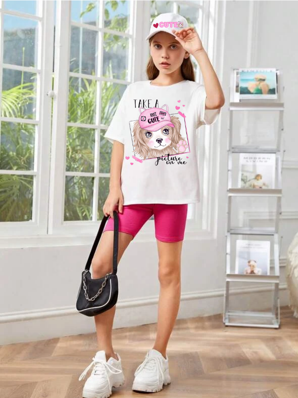 Sevimli Köpek Baskılı Kız Çocuk Tişört-T-shirt ve Şapka Takım…