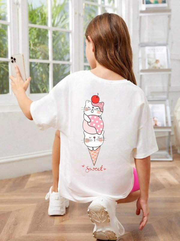 Sevimli Kediler Baskılı Kız Çocuk Tişört-T-shirt ve Şapka Takım…