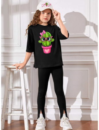 Sevimli Kaktüs Baskılı Kız Çocuk Tişört-T-shirt ve Şapka Takım