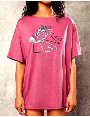 Love Baskılı Kadın Tişört Pembe