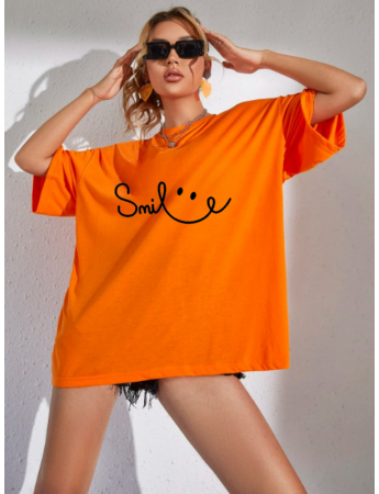 Smile Baskılı Basic Tişört - TURUNCU