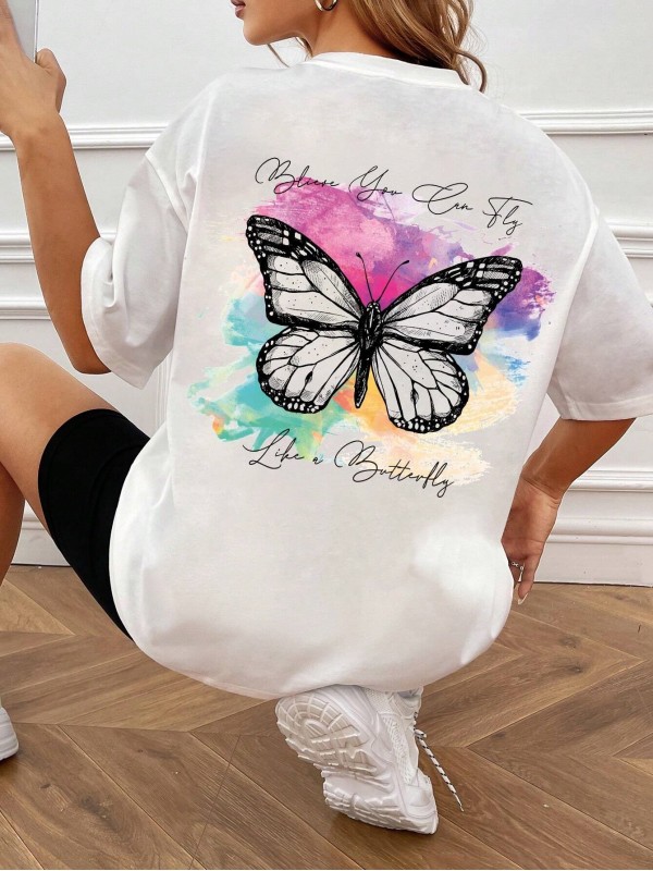 Kelebek baskılı  oversize t-shirt kadın…
