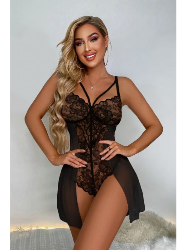 Bella Notte Siyah Özel Bölgesi Açık Babydoll Gecelik 15035