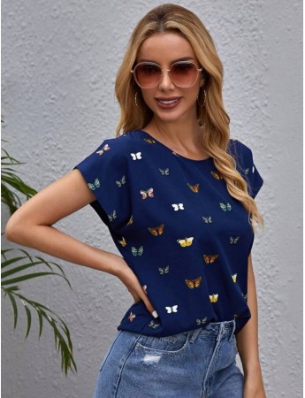 Kadın Kelebek Desenli Moskrep Kumaş T-Shirt Lacivert