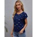 Kadın Kelebek Desenli Moskrep Kumaş T-Shirt Lacivert