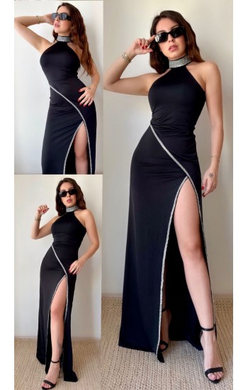 Kadın Balıkçı Yaka Taş Detaylı Yırtmaçlı Maxi Boy Mikro Elbise Si…