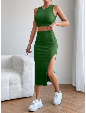 Adın Kaşkorse Kumaş Yırtmaç Detay Midi Boy Etek Bluz Ikili Takım Yeşil