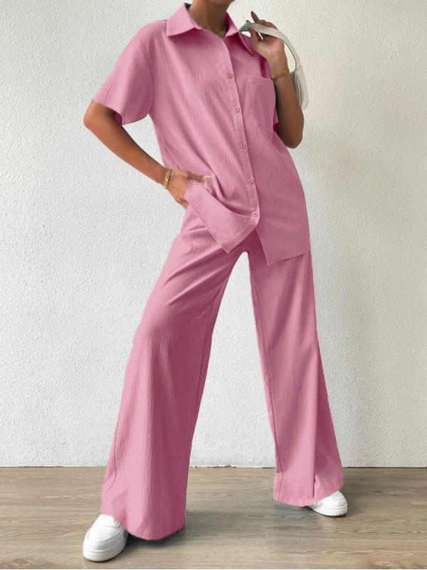 Kadın Polo Yaka Bürümcük Kumaş Gömlek Pantolon İkili Takım Pembe…