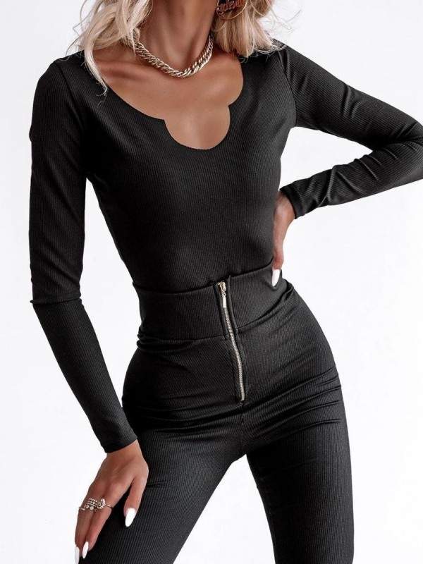Kadın Uzun Kollu Armut Yaka Bodysuit Ve Yüksek Bel Fermuar Deta…