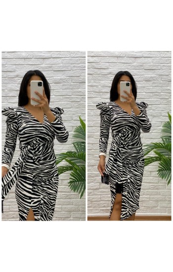 Kadın Siyah Zebra Desen Omuz Detaylı Kruvaze Yaka Kemer Dahil Gofre Midi…