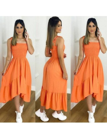 Kadın Askılı Gipeli Volan Detaylı Asimetrik Kesim Gofre Kumaş Midi Boy Elbise Turuncu