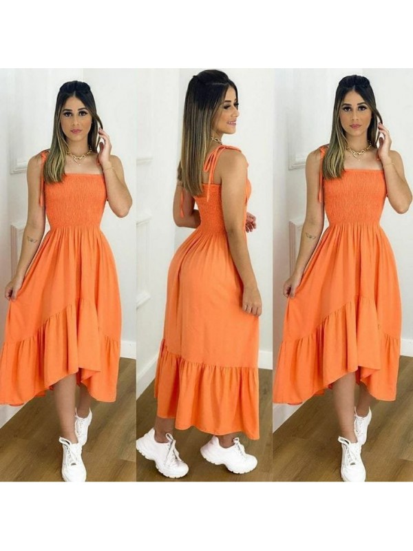 Kadın Askılı Gipeli Volan Detaylı Asimetrik Kesim Gofre Kumaş Midi Bo…