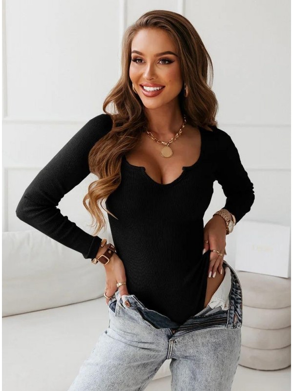 Kadın Göğüs Dekolteli Kaşkorse Kumaş Bodysuit Siyah…