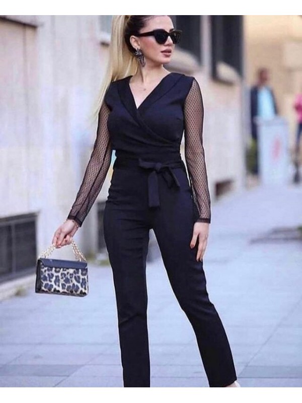 Krep Kumaş Kol Tül Puan Detaylı Kuşaklı Tulum 141 Cm Siyah…