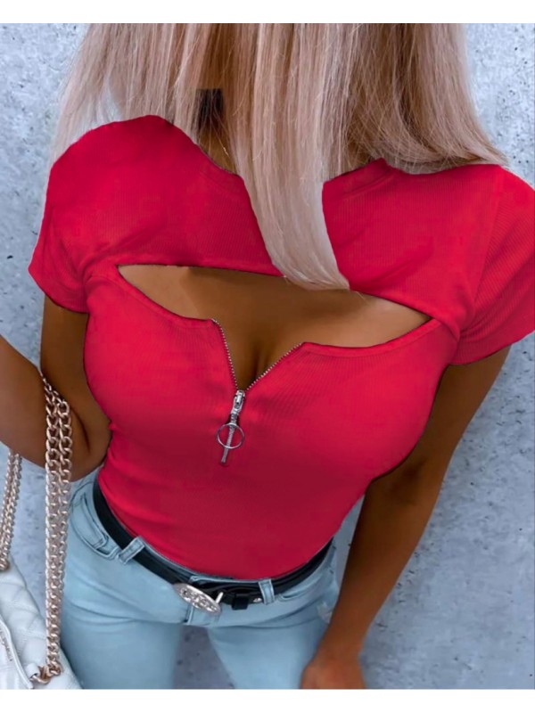 Kadın Kısa Kollu Göğüs Fermuar Detay Kaşkorse Bluz Pembe…