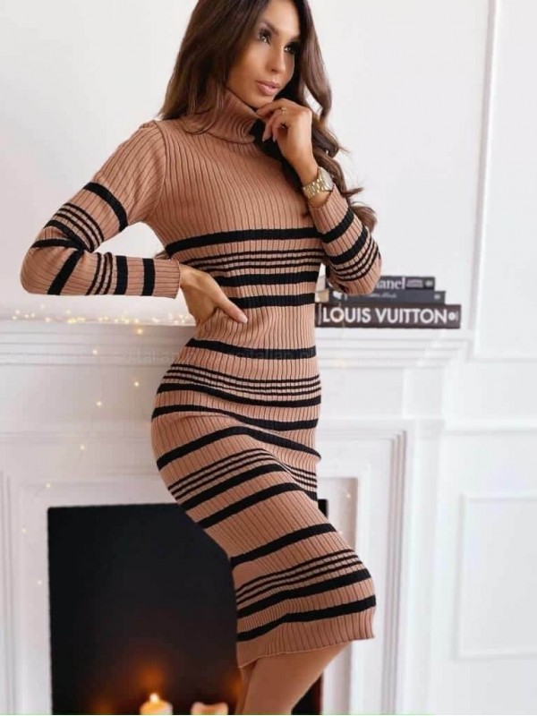 Boğazlı Çizgi Desen Janes Triko Elbise Kahve…