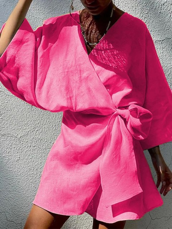 Kadın Fakir Kol Fiyonk Fetay Keten Kumaş Mini Kimono Elbise Pembe…