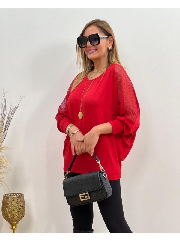 Kadın Kollar File Detaylı Bisiklet Yaka çilek Kumaş Oversize Bluz Kır…