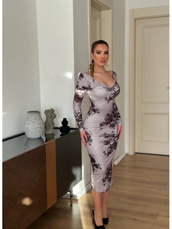Kadın Uzun Kollu Gögüs Ve Sırt Dekolteli Midi Boy Kalem Elbise Gri…
