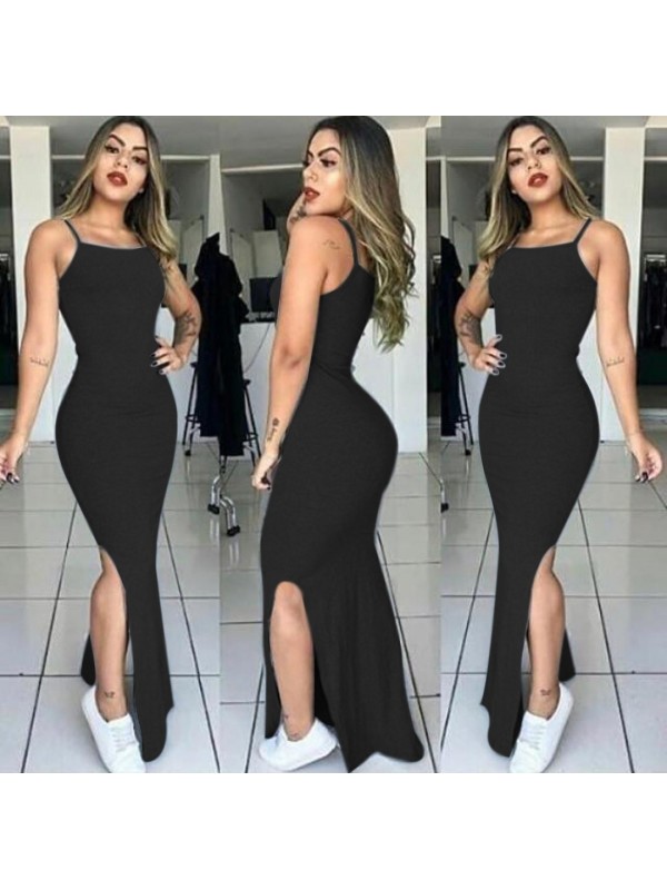 Kadın Kaşkorse Kumaş Askılı Çift Yırtmaçlı Maksi Boy Elbise Siyah…