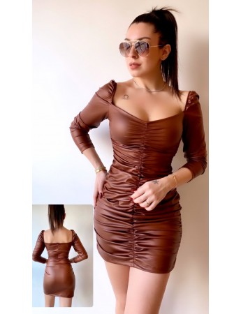 Kadın önü Büzgülü Lama Deri Kaplama Elbise Kahve
