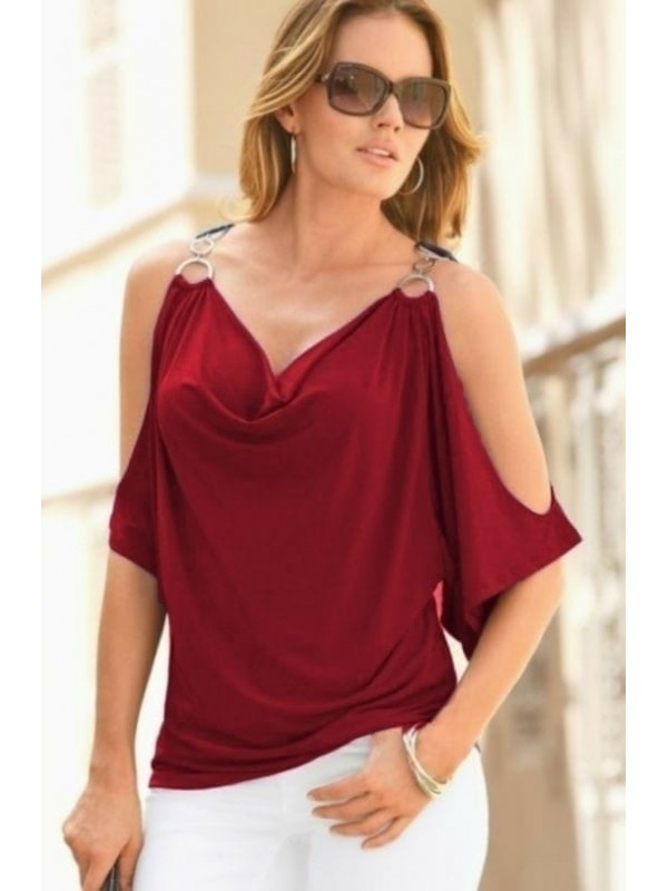 Kadın Bordo Omuzları Açık V Yakalı Sandy Bluz Bordo…