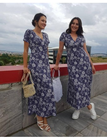 Çiçek Desenli Kruvaze Yaka Krep Elbise Mavi