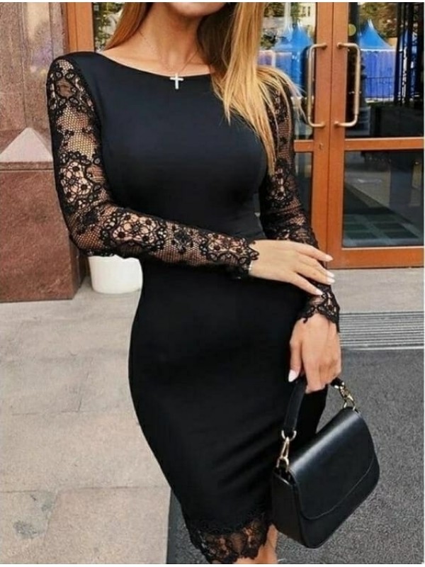 Kadın Uzun Kollu Bisiklet Yaka Kol Ve Etek Ucu Dantel Detay Krep…