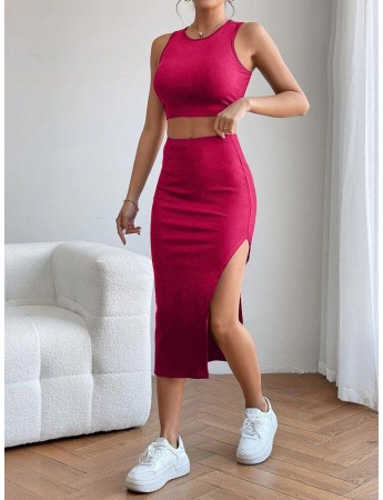 Kadın Kaşkorse Kumaş Yırtmaç Detay Midi Boy Etek Bluz Ikili Takım Pembe