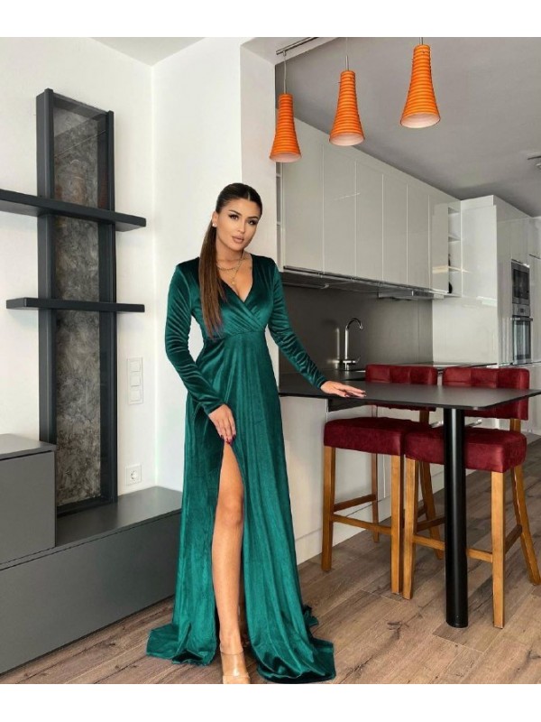 Kadın Kruvaze Yaka Maxi Boy Yırtmaç Detay Kadife Elbise Zümrüt…