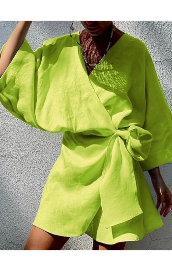 Kadın Fakir Kol Fiyonk Fetay Keten Kumaş Mini Kimono Elbise Yeşil…