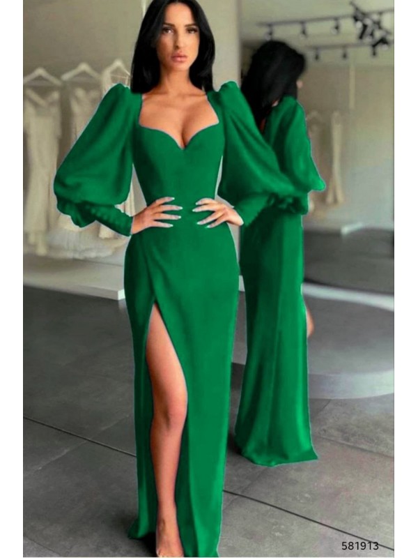 Kadın Kalp Yaka Omuz Detaylı Yırtmaçlı Maxi Boy Krep Elbise Yeşi…