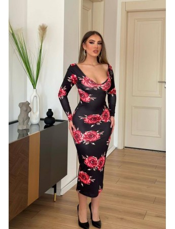 Kadın Uzun Kollu Gögüs Ve Sırt Dekolteli Midi Boy Kalem Elbise Siyah